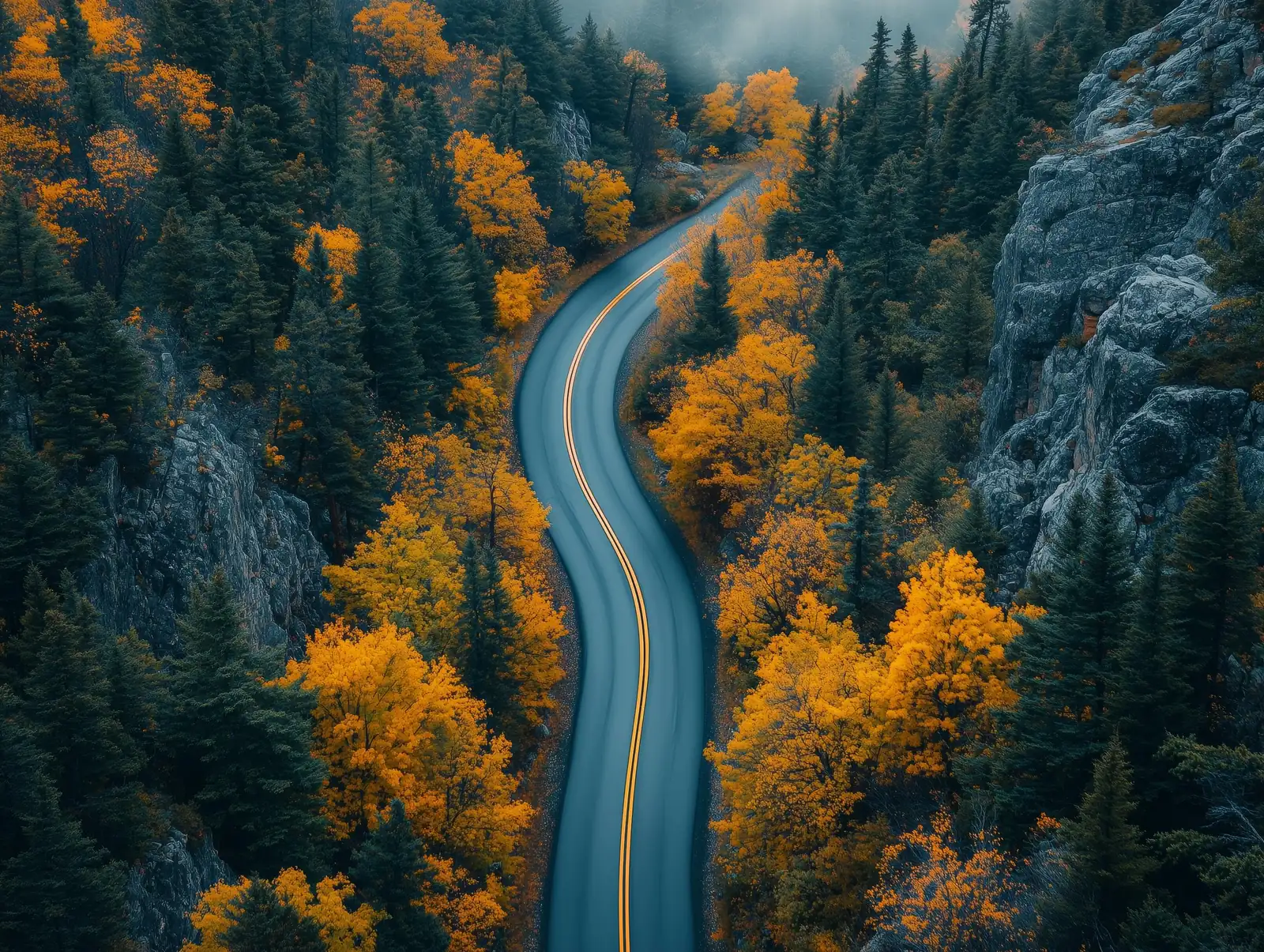Gebirgsstraße schlängelt sich durch herbstlichen Bergwald